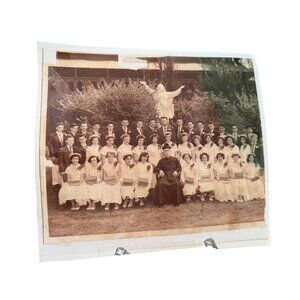 Vintage  Copy 1950s Communion Group Photo With Priest & Jesus Statue Kodak Paper